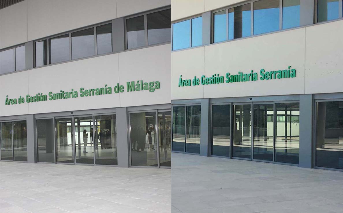 El rótulo, antes y después de las protestas de los rondeños y las rondeñas.