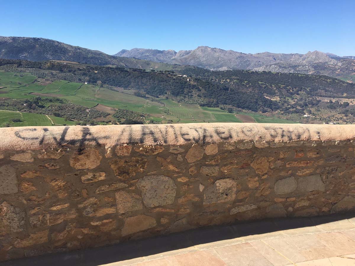 Una de las pintadas sobre el muro de piedra del Paseo de los Ingleses.