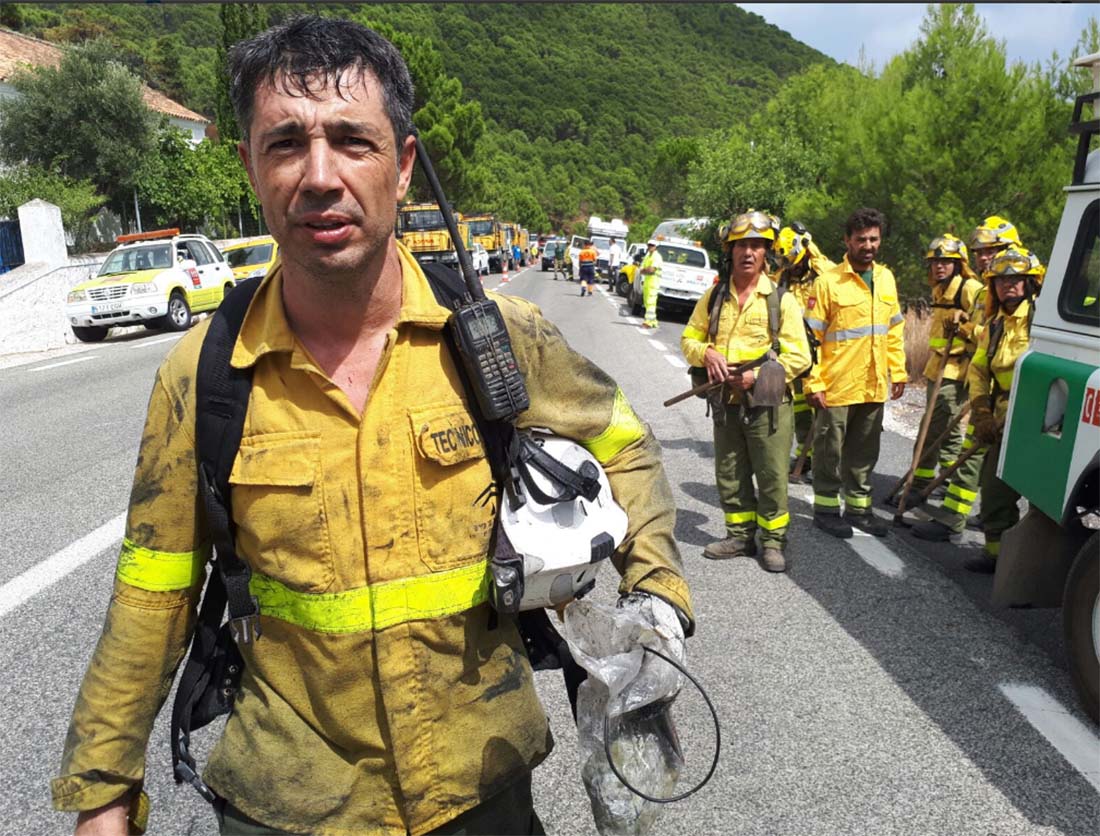 Los bomberos forestales siguen desplazados en la carretera A-397 para extinguir el incendio. Foto Plan Infoca.