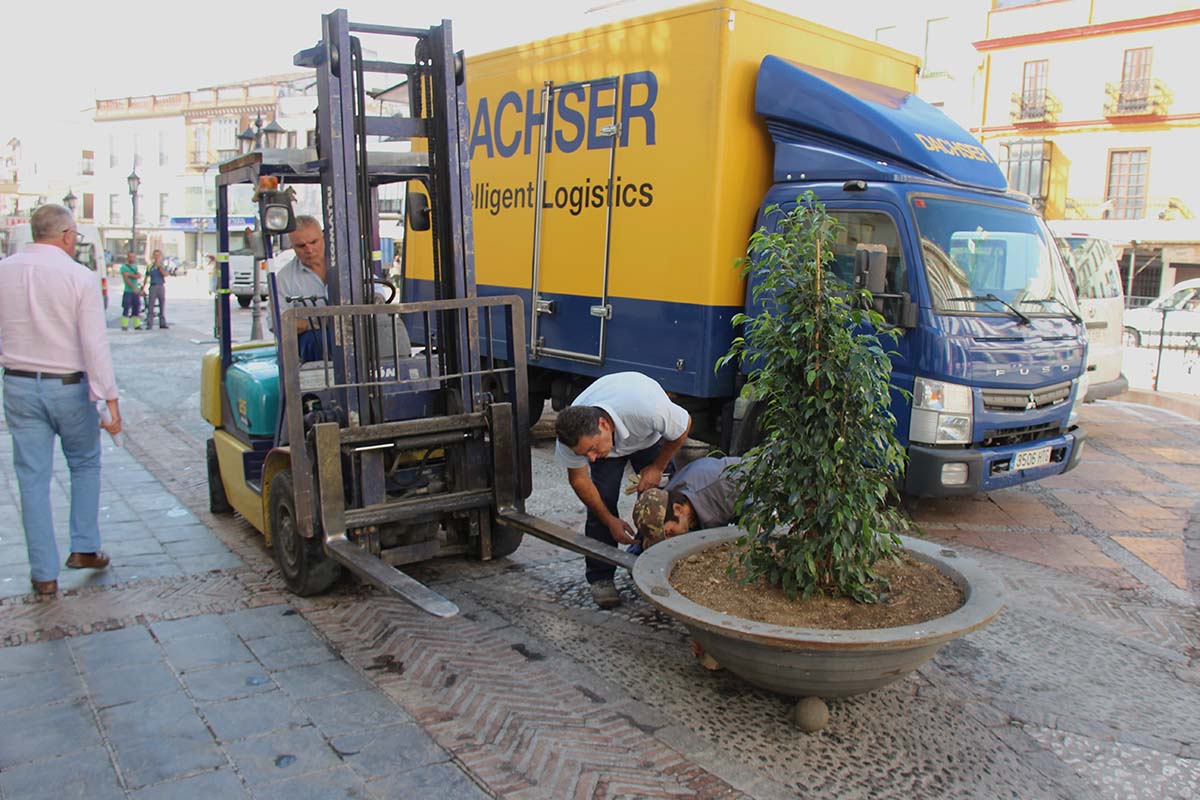 Operarios del Ayuntamiento instalan un macetero en uno de los accesos a la plaza del Socorro.