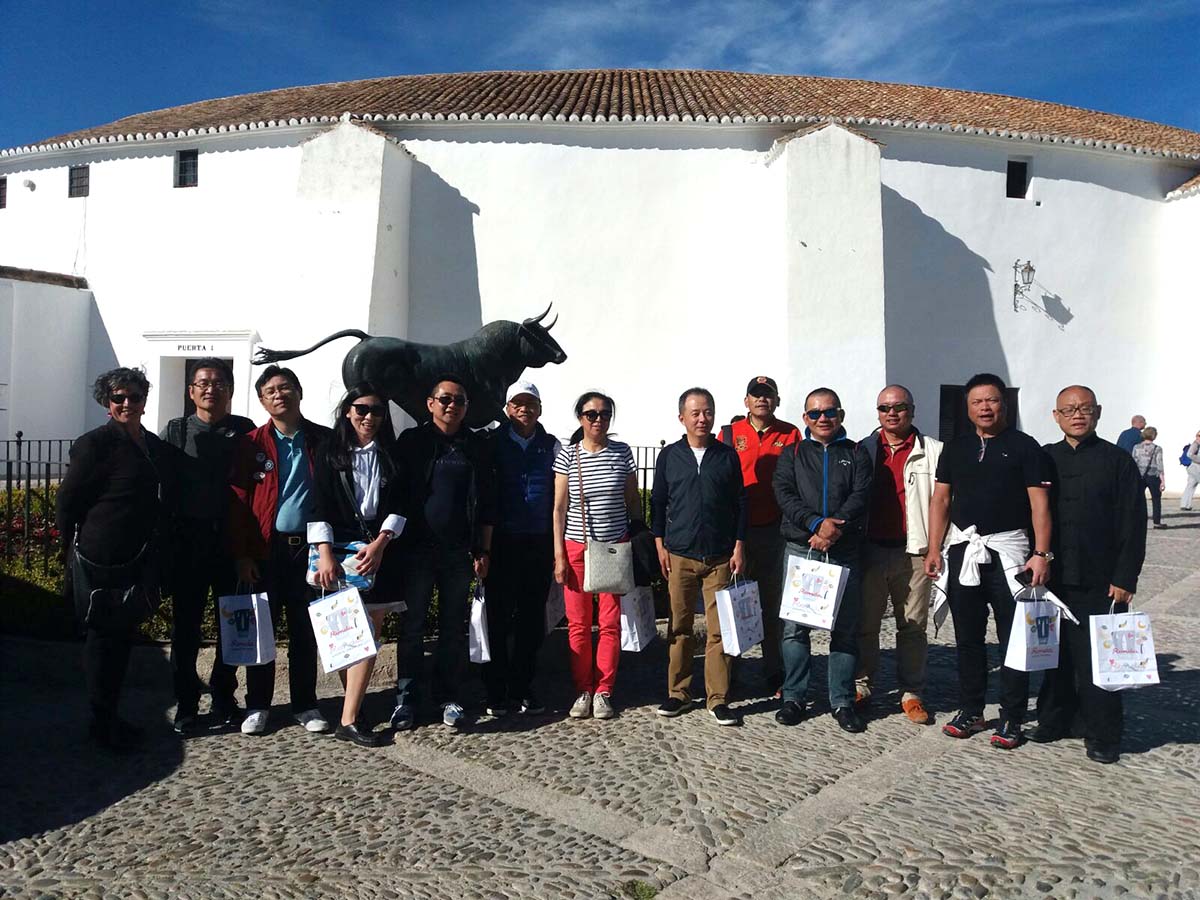 Los responsables de las agencias de viaje de China junto al toro del paseo de Blas Infante.