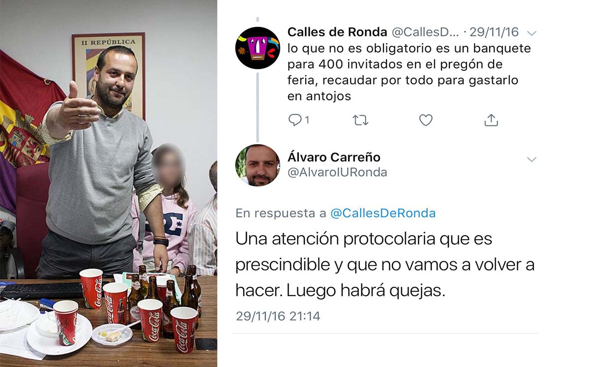 Álvaro Carreño (IU) dijo en 2016 que ya no habría más copas y canapés, ahora se gasta otra vez 6.600 euros en copas y canapés