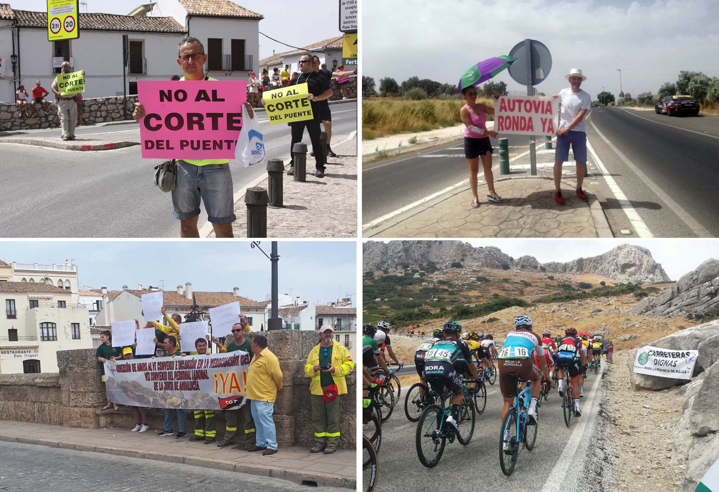 La otra cara de la Vuelta: varios colectivos aprovechan el tirón mediático para exigir una autovía, la apertura del Puente o mejoras laborales en el Infoca