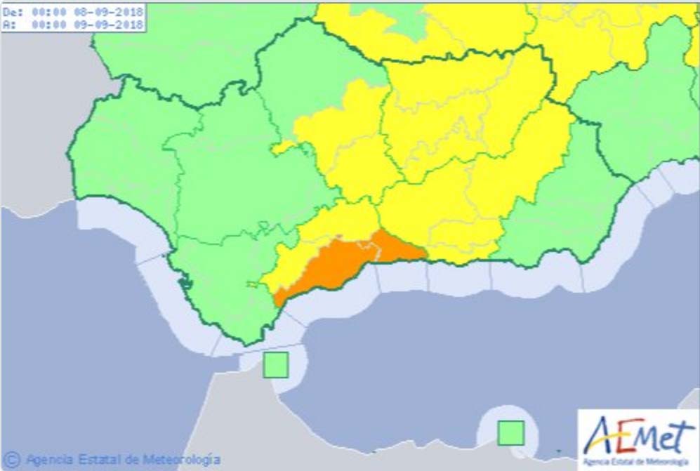 Mapa con las previsiones de avisos amarillo y naranja en la provincia de Málaga.