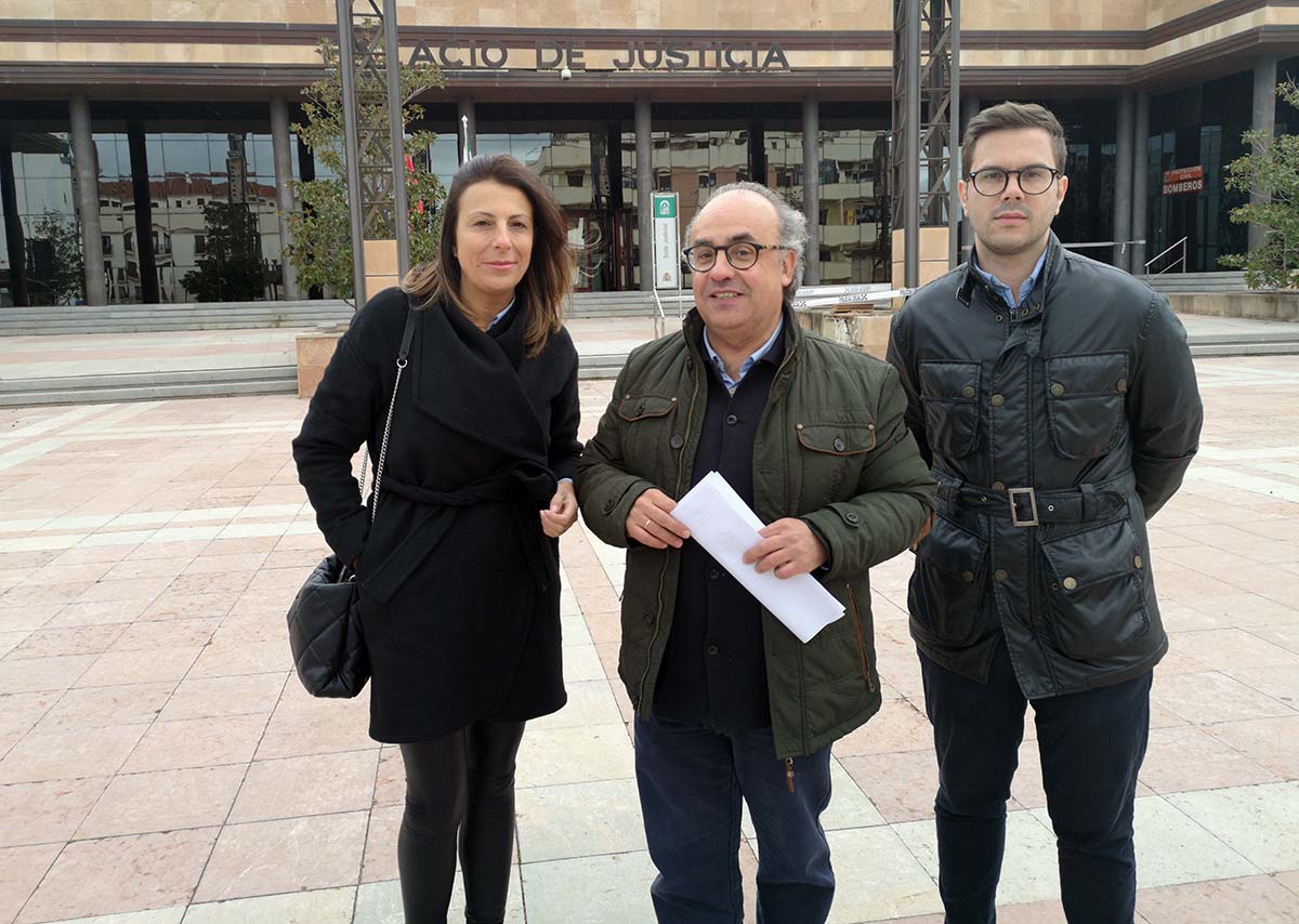 Maripaz Fernández, Fernando Corrales y Ángel Martínez en la puerta de los Juzgados durante la rueda de prensa ofrecida hoy.