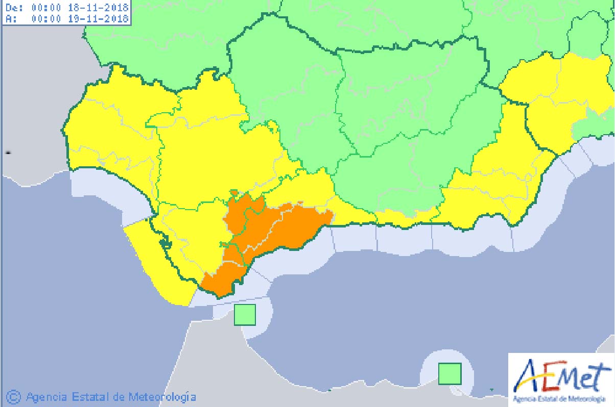 Comarcas de las provincias de Málaga, Cádiz y Sevilla estarán en situación de aviso naranja por lluvias.