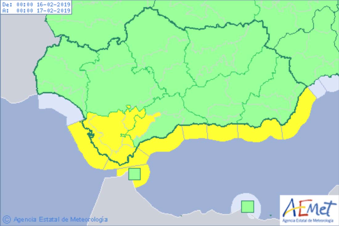 Las zonas marcadas en amarillo es donde se espera que se produzcan las fuertes rachas de viento.