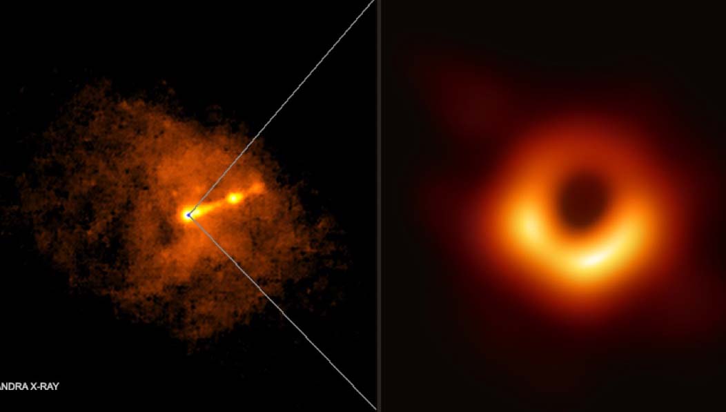 Región central de la galaxia M87 (a la derecha) donde se ha fotografiado por primera vez un agujero negro (a la izquierda). (NASA/CXC - ESO/EHT).