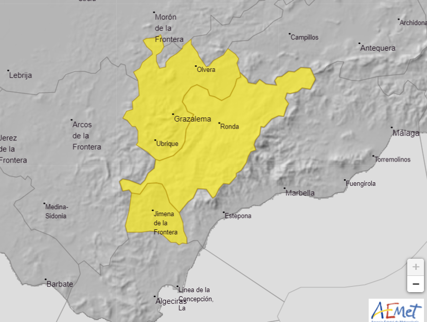Mapa de las alertas previstas por Aemet para este sábado en la Serranía de Ronda.