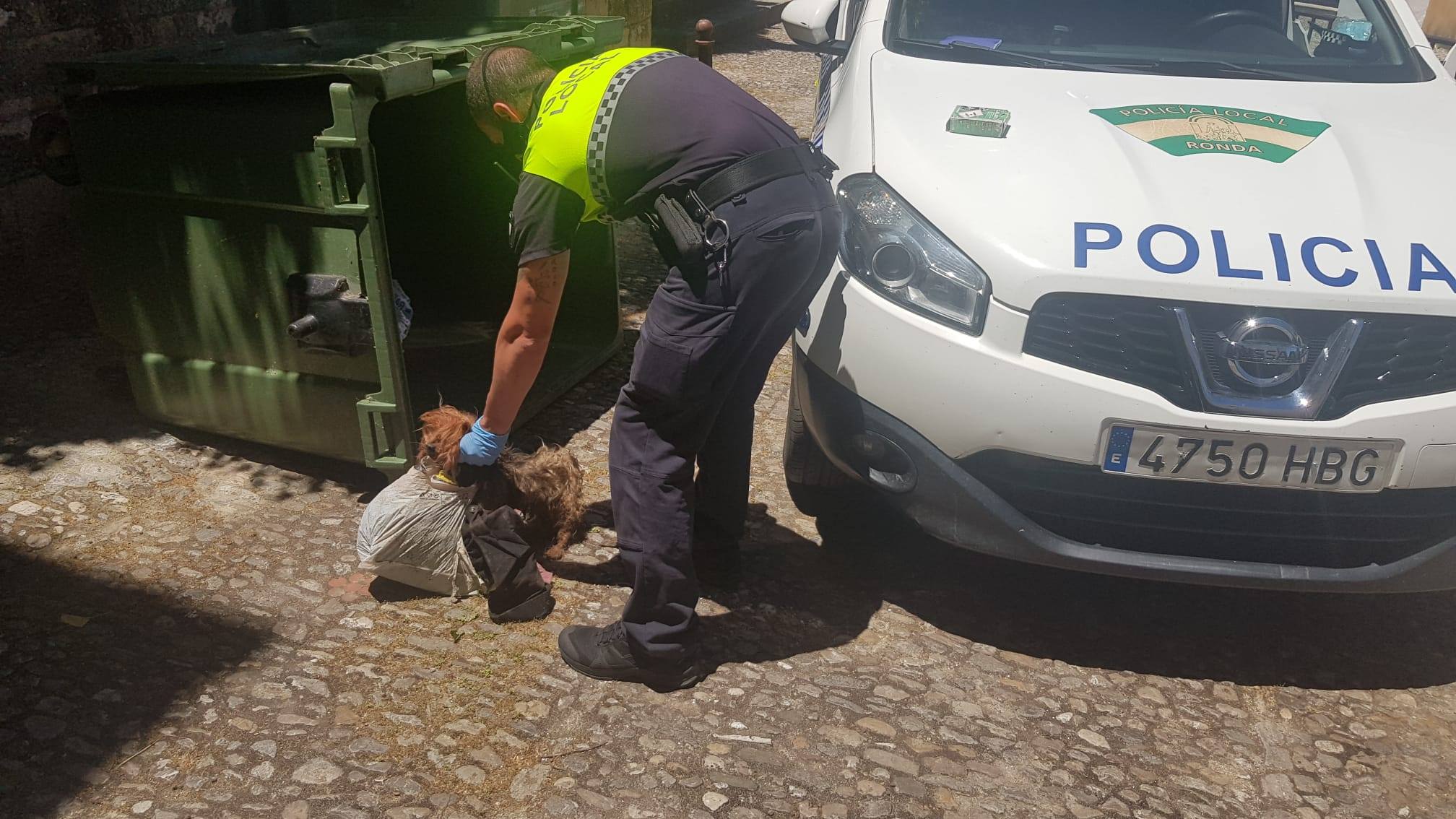 Un agente de la Policía Local en el momento del rescate.