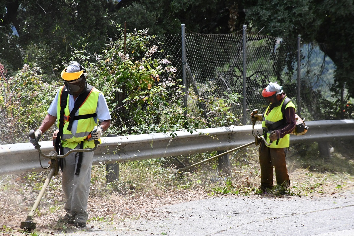 Dos operarios municipales realizan tareas de desbroce en el acceso al pueblo por carretera.
