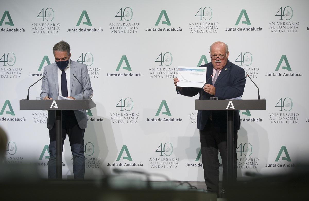 Los concejeros de Presidencia y de Salud tras la rueda de prensa ofrecida tras el Consejo de Gobierno andaluz de hoy.