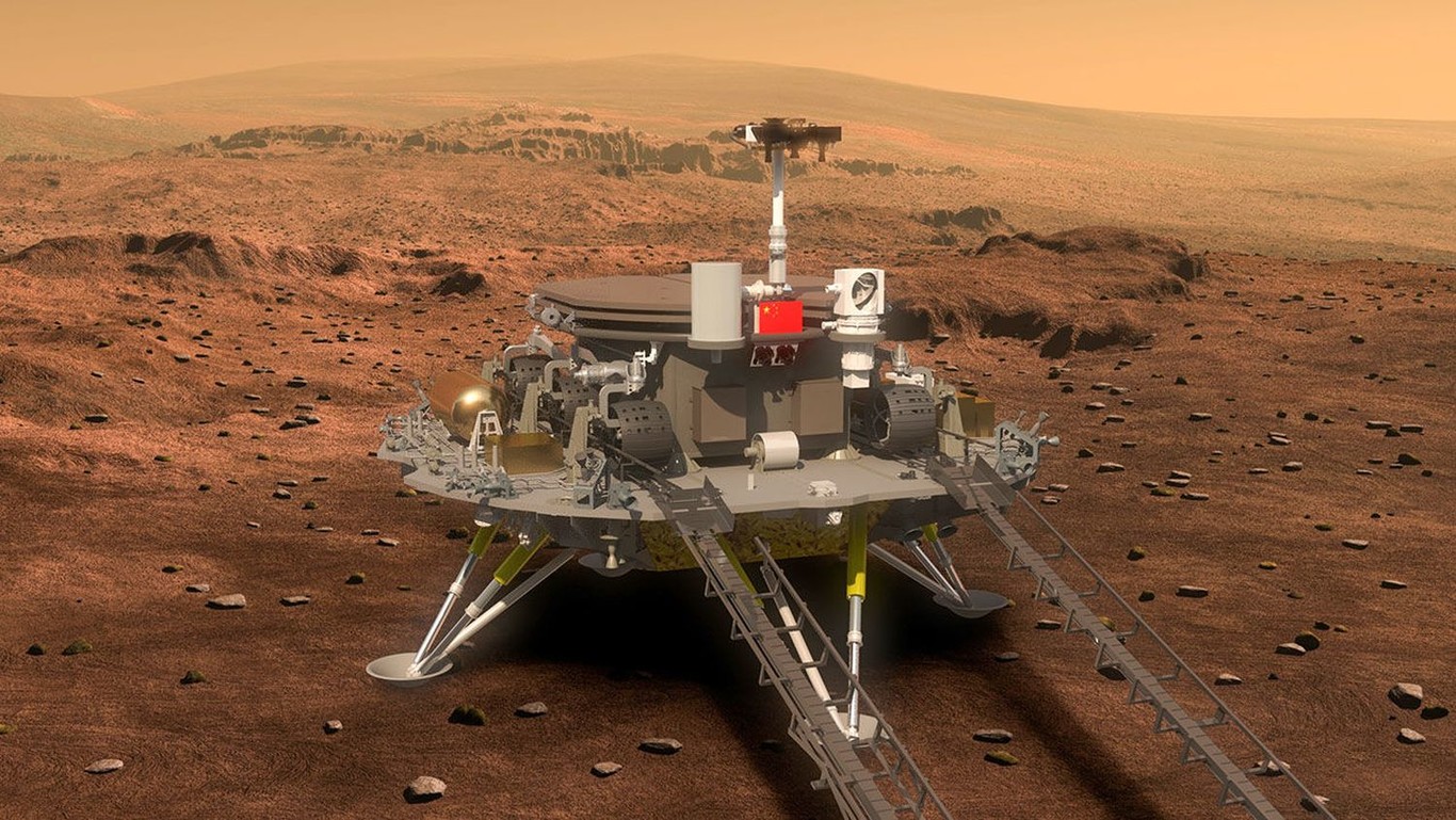 Representación del rover chino, de la misión Tianwen-1, sobre la superficie marciana.