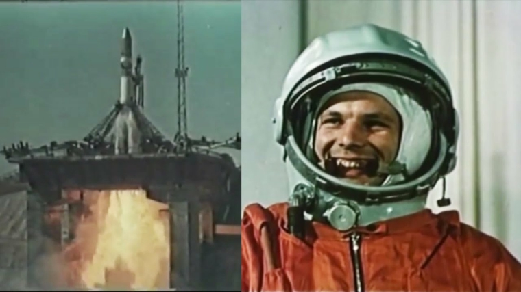El cosmonauta Yuri Gagarin y lanzamiento de la nave espacial Vostok 1. (12/04/1961).