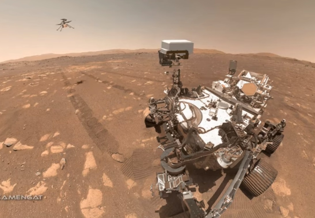 El Ingenuity volando en las cercanías del rover Perseverance (NASA).
