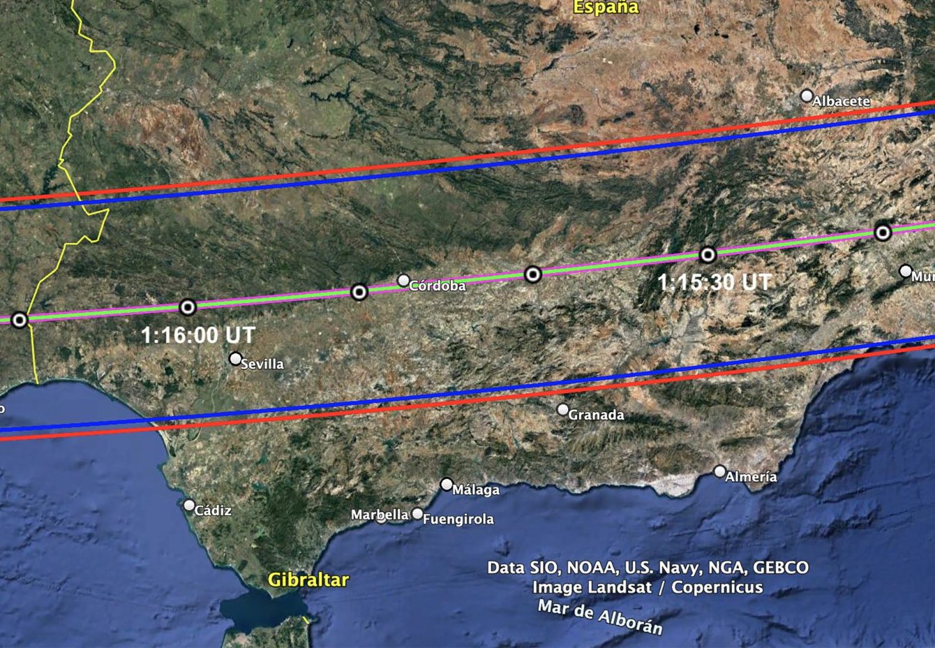 Franja de visibilidad de la ocultación, por Andalucía.
