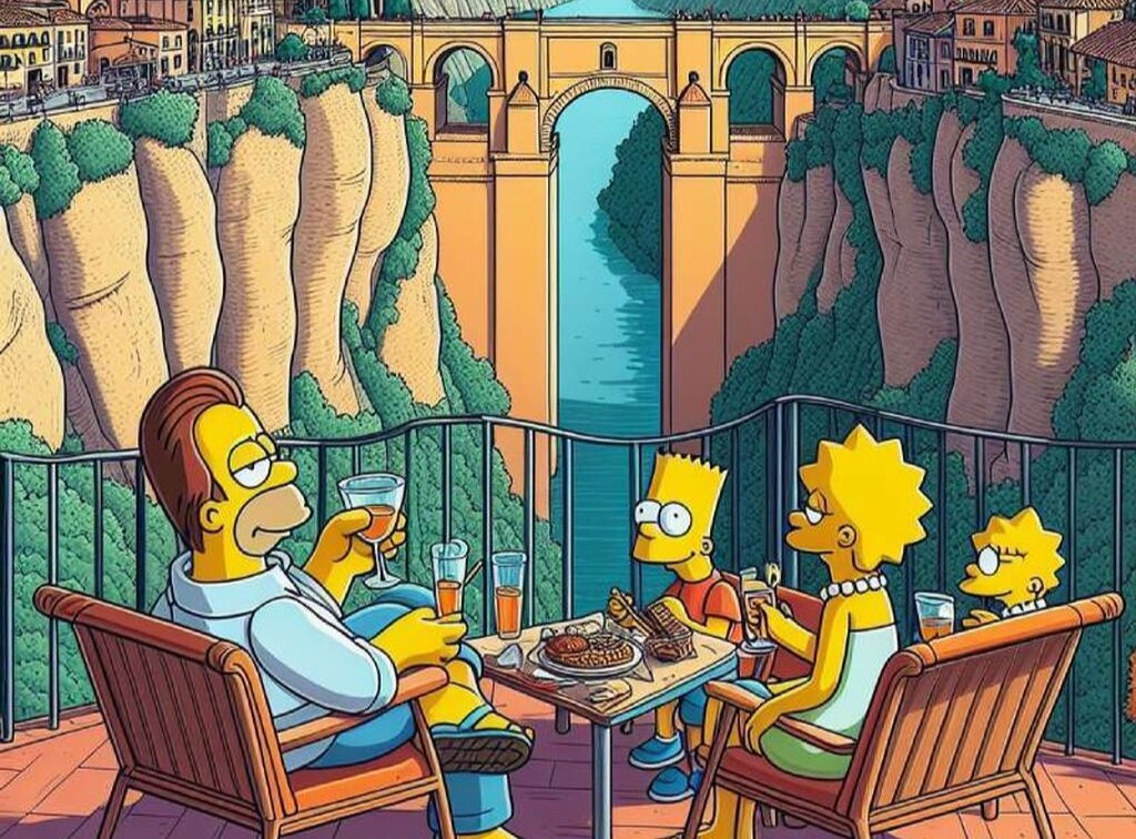 La familia Simpsons disfrutando de las vistas del Puente Nuevo de Ronda.