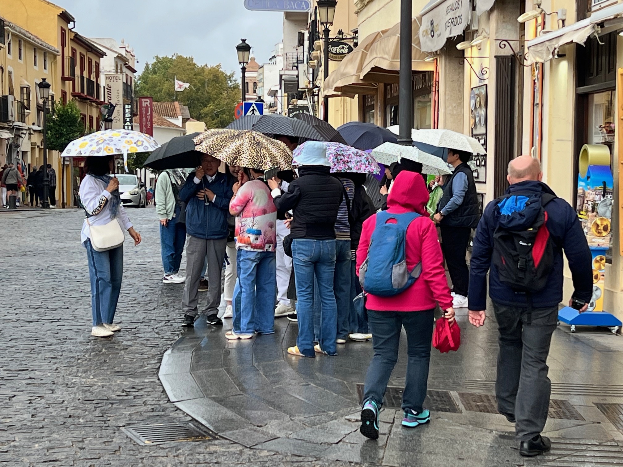 Un grupo de turistas en la plaza de España protegiéndose de la lluvia con paraguas.