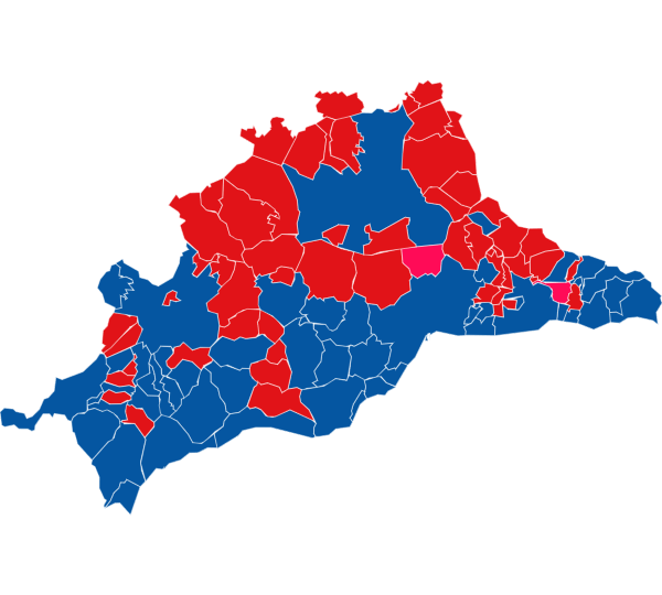 Mapa de los resultados obtenidos por el PP y PSOE en la provincia de Málaga.