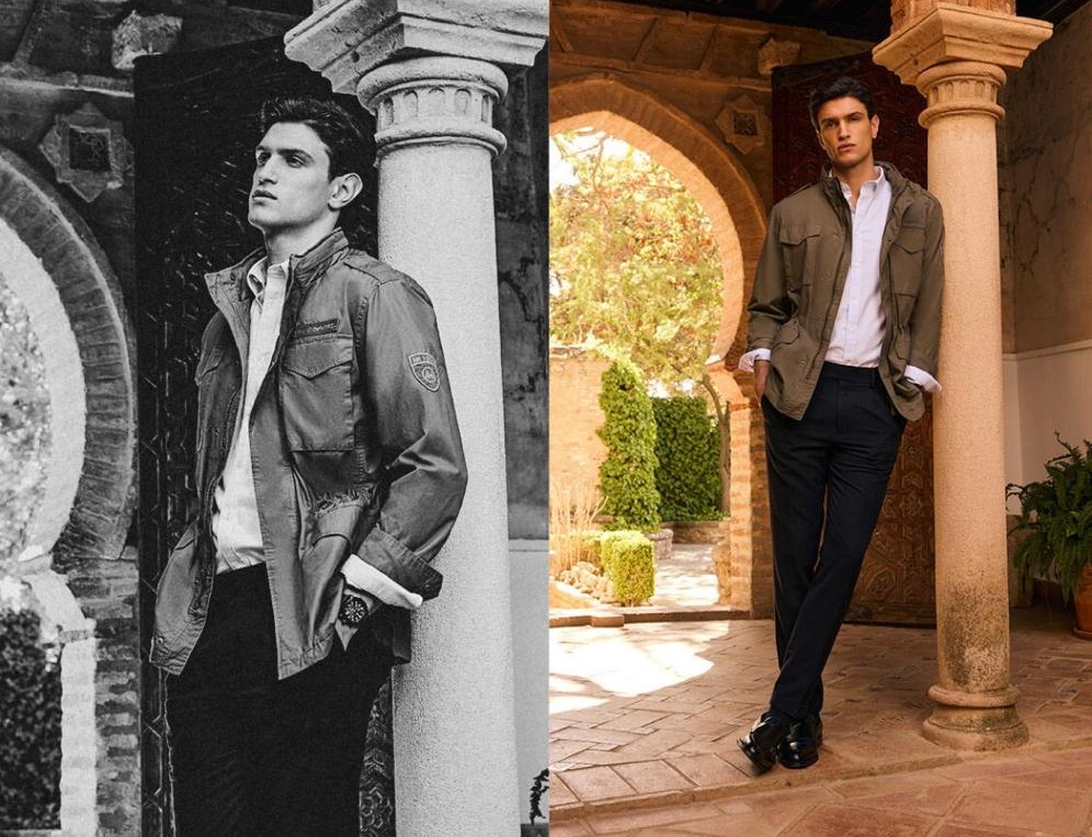 Uno de los modelos de Álvaro Moreno posando en el Palacio de Mondragón.