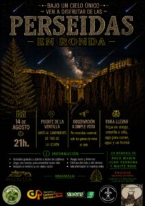 Cartel “Bajo un cielo único ven a disfrutar de las PERSEIDAS en Ronda”.