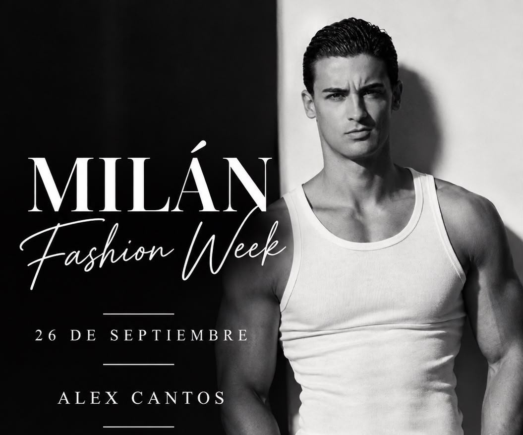 Cartel anunciador de Alex Cantos en la Milan Fashion Week.