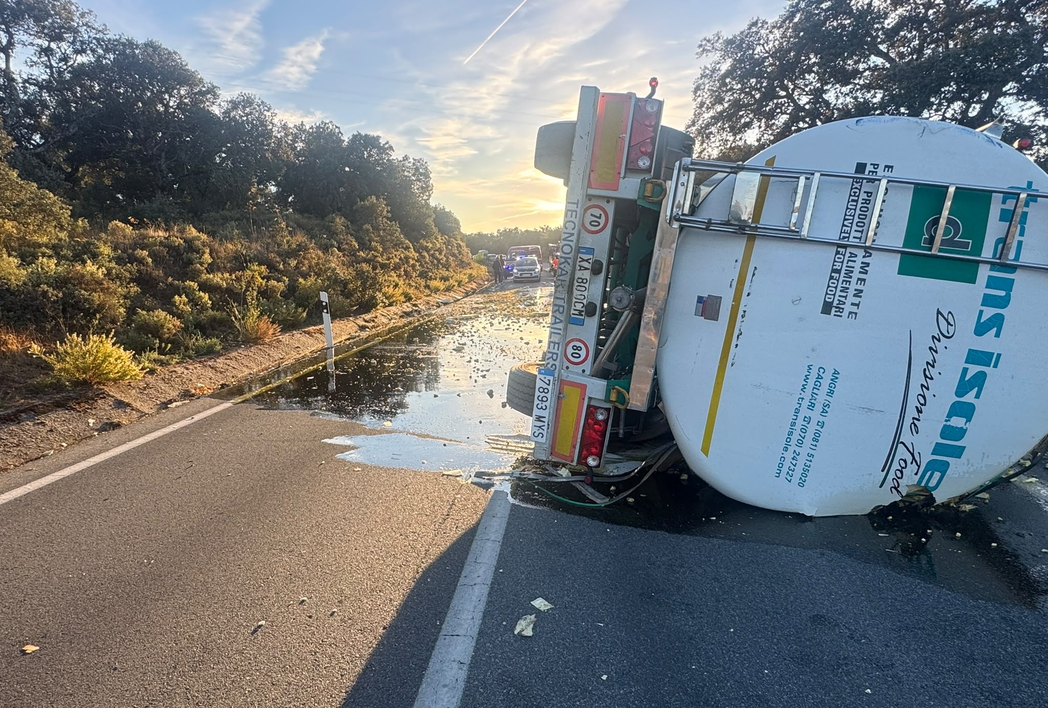 El aceite que transportaba el camión ha quedado esparcido por toda la carretera.